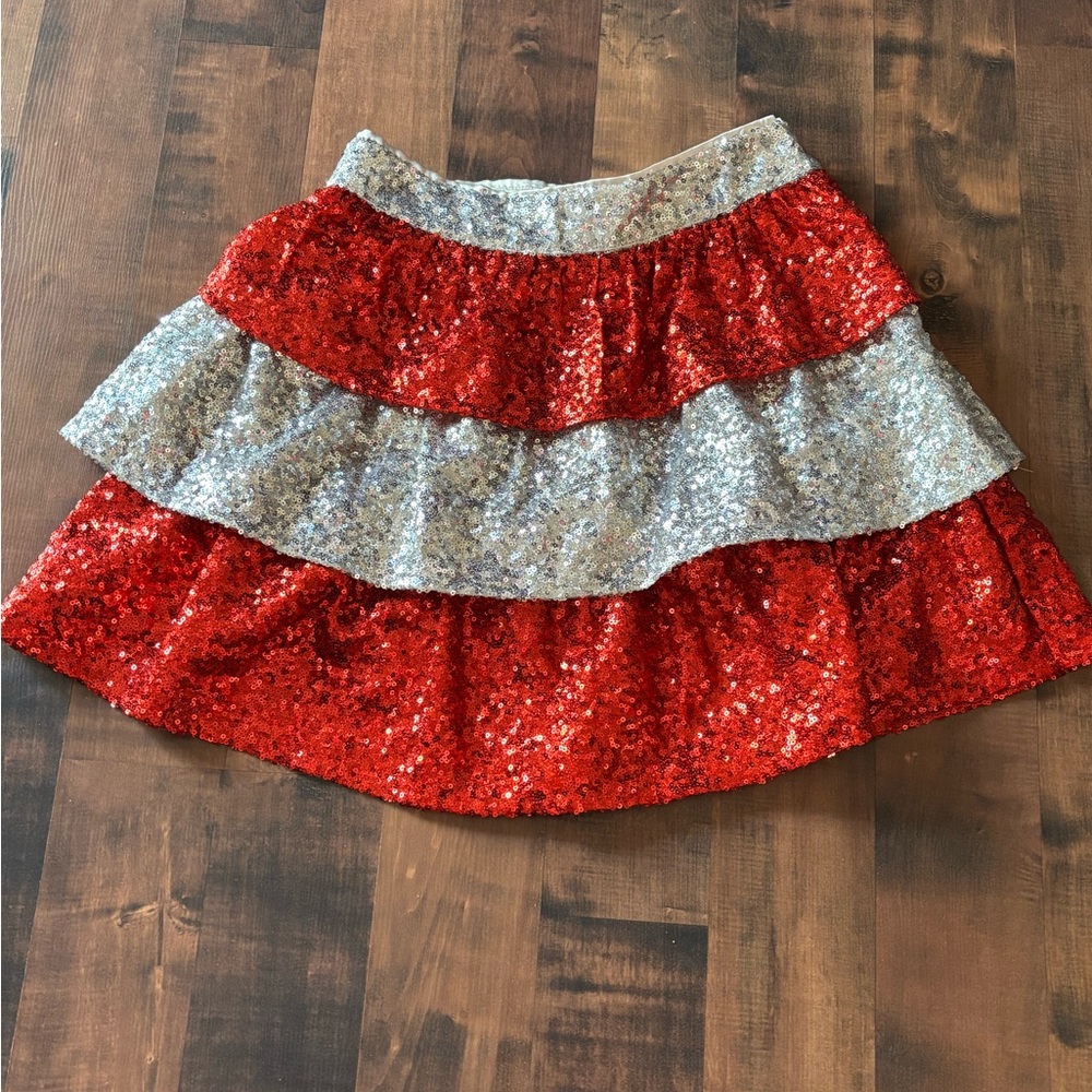 Christmas Pageant Recital Red Silver Sequin Skirt Peach Love Bling